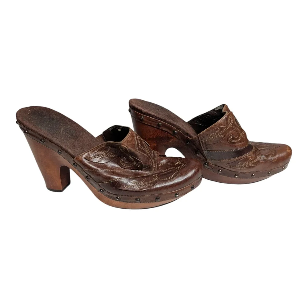 Nine West Luzio Womens‎ Size 8.5 Brown Leather Clogs Bootie Heels Western Cowboy
